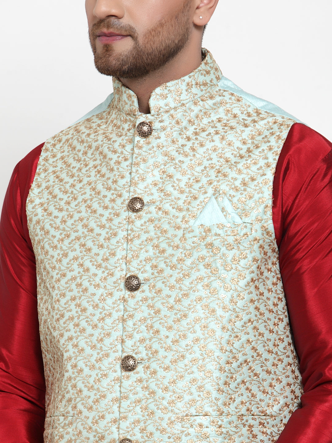 Jompers Men's Blue Embroidered Nehru Jacket ( JOWC 4016Sky )