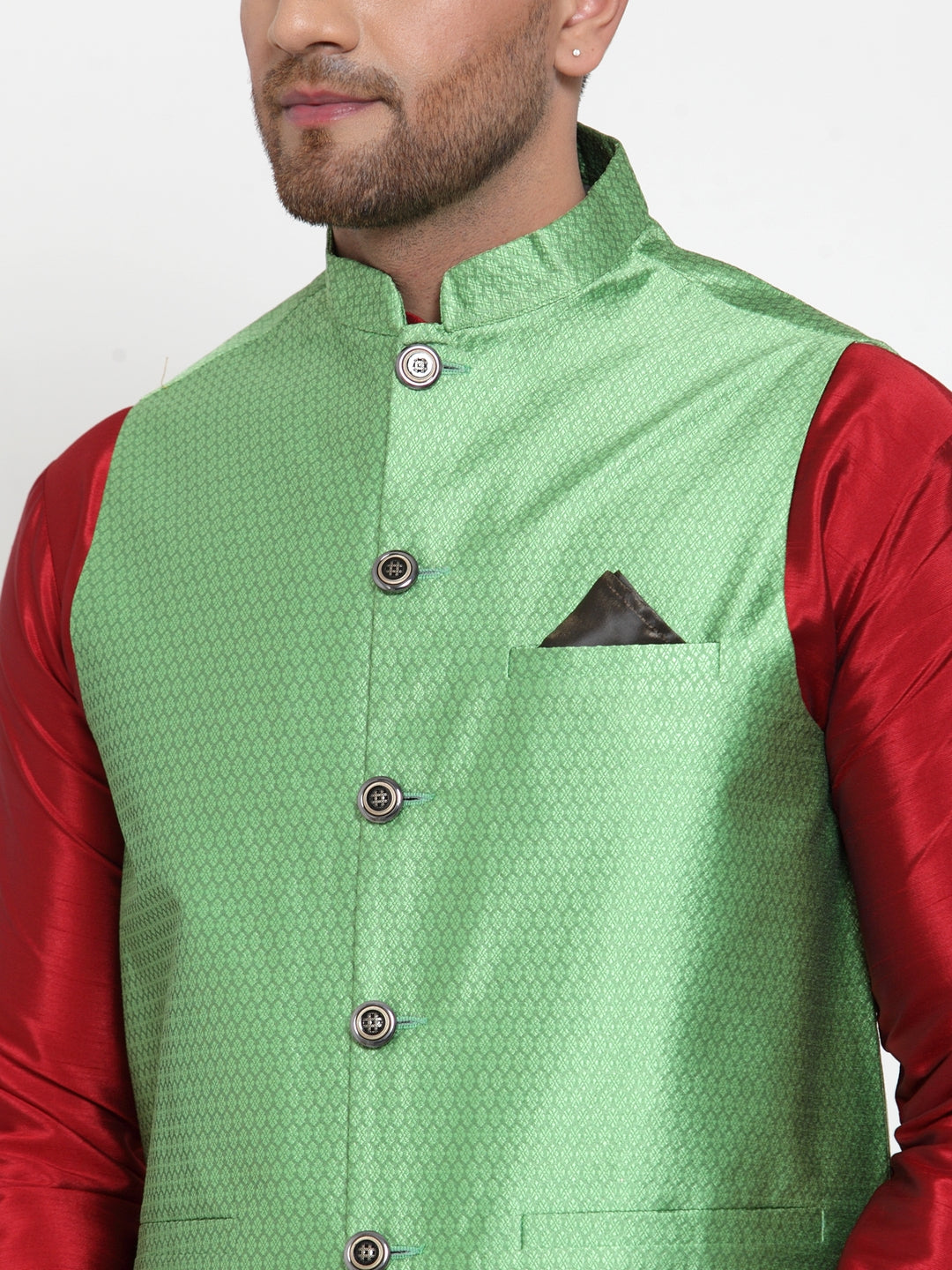 Jompers Men's Green Woven Jacquard Nehru Jacket ( JOWC 4017Green )