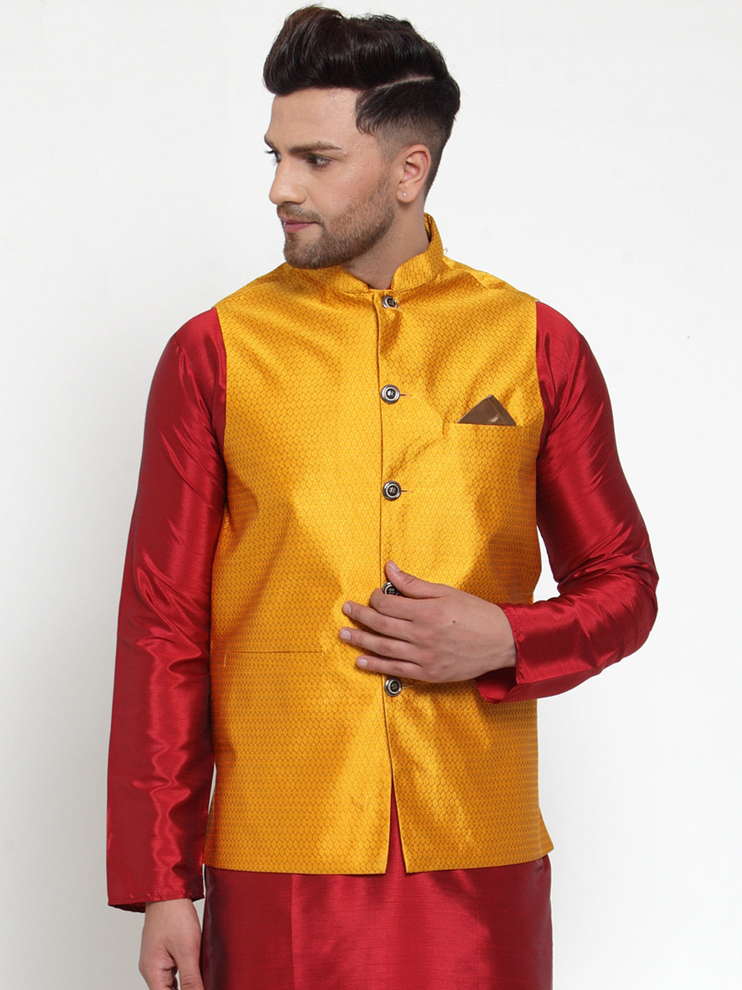 Jompers Men's Yellow Woven Jacquard Nehru Jacket ( JOWC 4017Yellow )