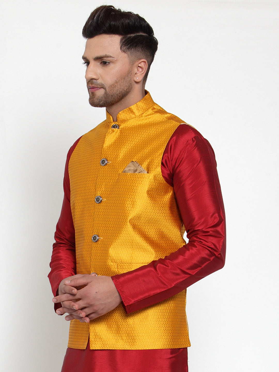 Jompers Men's Yellow Woven Jacquard Nehru Jacket ( JOWC 4017Yellow )