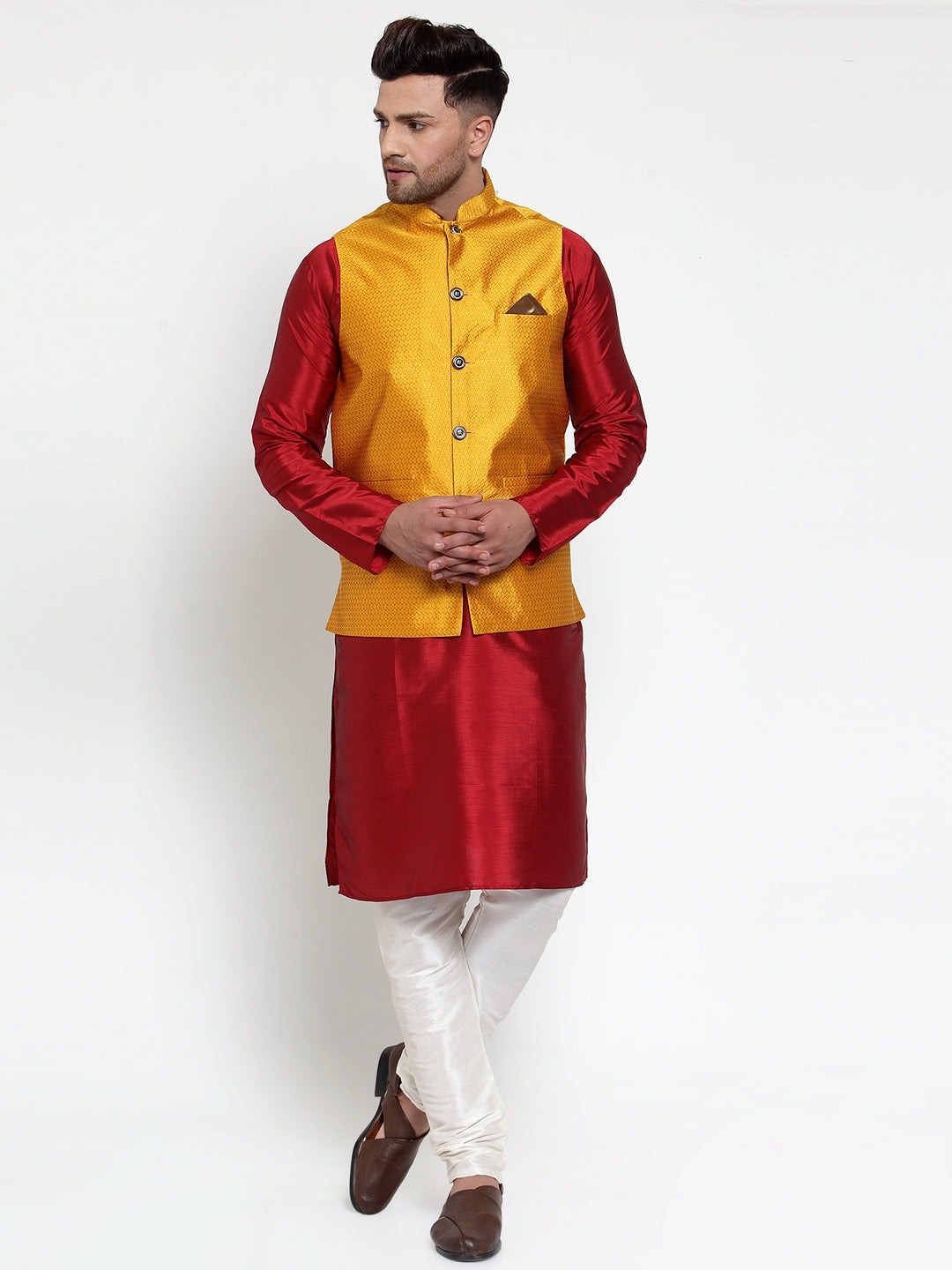 Jompers Men's Yellow Woven Jacquard Nehru Jacket ( JOWC 4017Yellow )