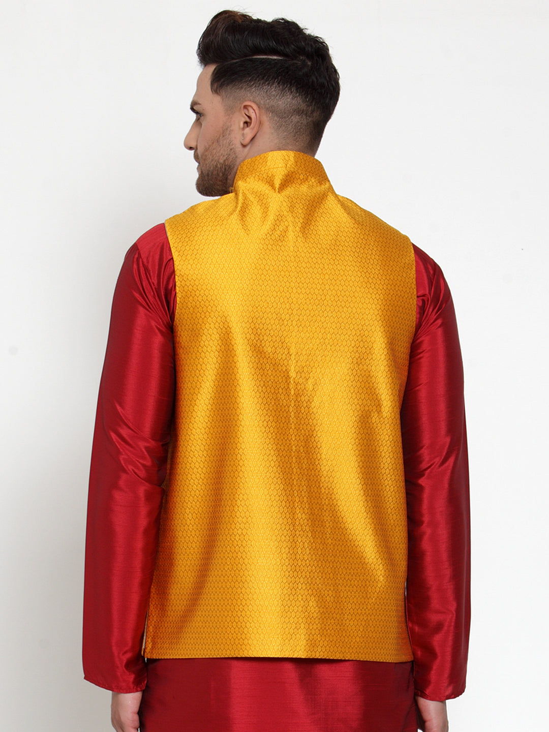 Jompers Men's Yellow Woven Jacquard Nehru Jacket ( JOWC 4017Yellow )