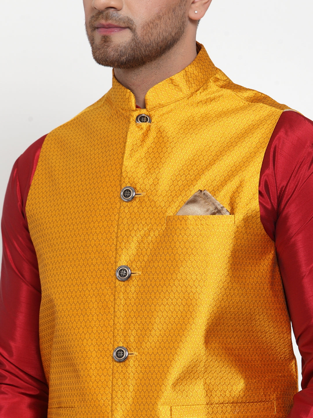 Jompers Men's Yellow Woven Jacquard Nehru Jacket ( JOWC 4017Yellow )