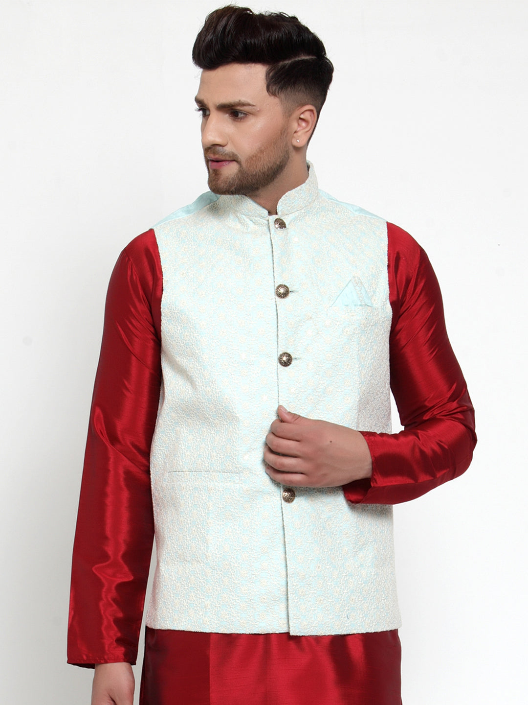 Jompers Men's Blue Embroidered Nehru Jacket ( JOWC 4018Sky )