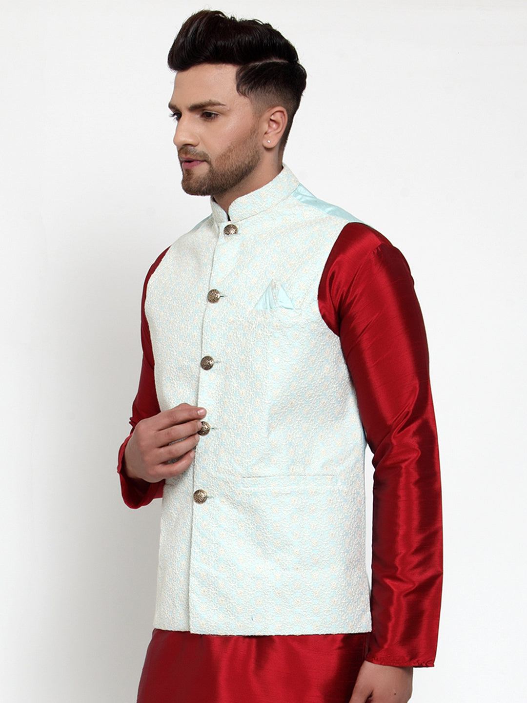 Jompers Men's Blue Embroidered Nehru Jacket ( JOWC 4018Sky )