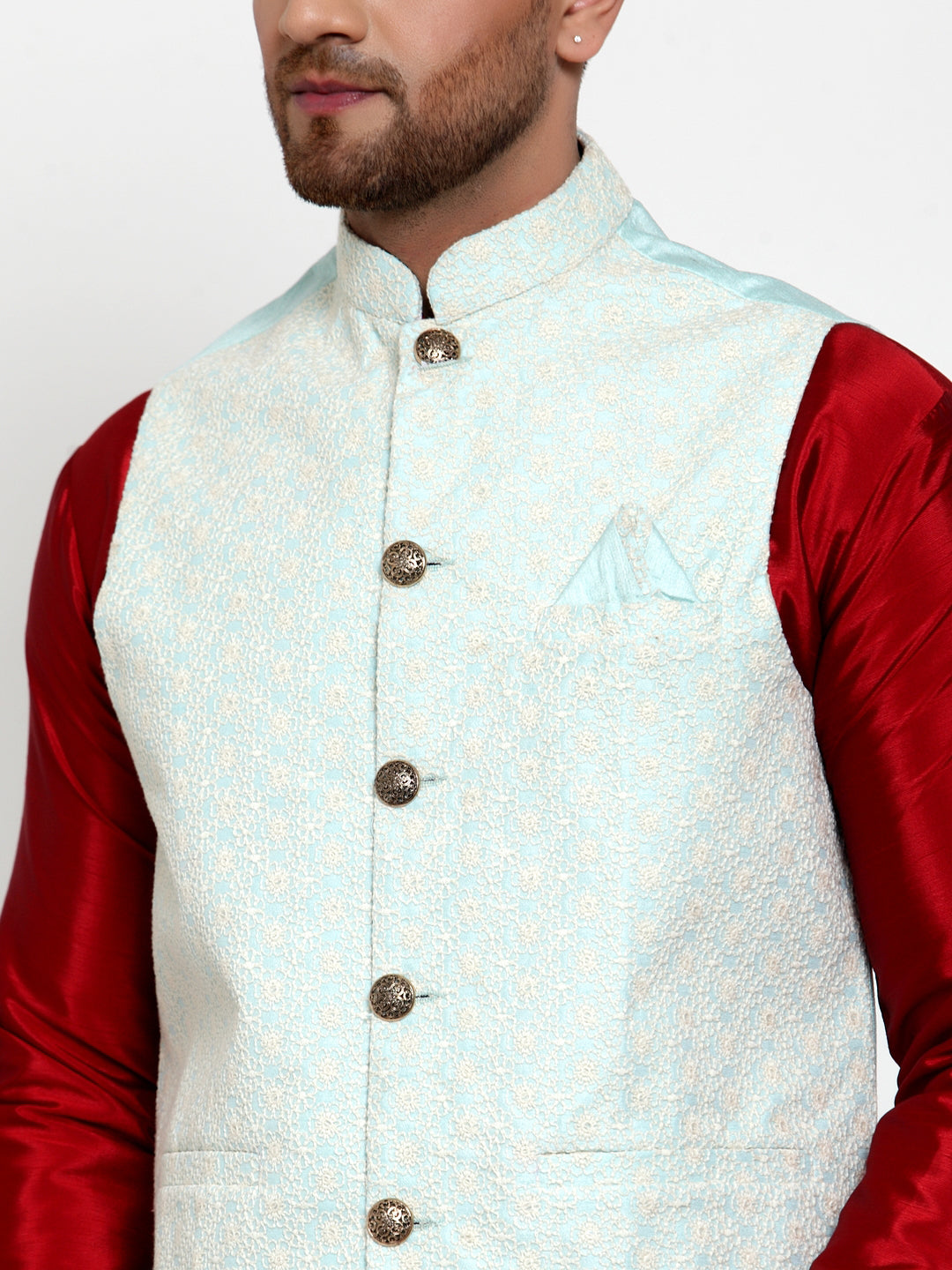 Jompers Men's Blue Embroidered Nehru Jacket ( JOWC 4018Sky )