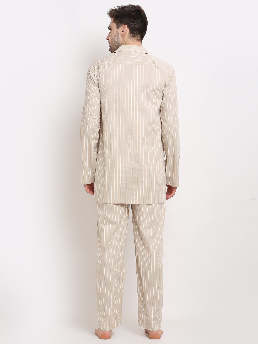Indian Needle Men's Cream Cotton Striped Night Suits ( GNS 002Cream )