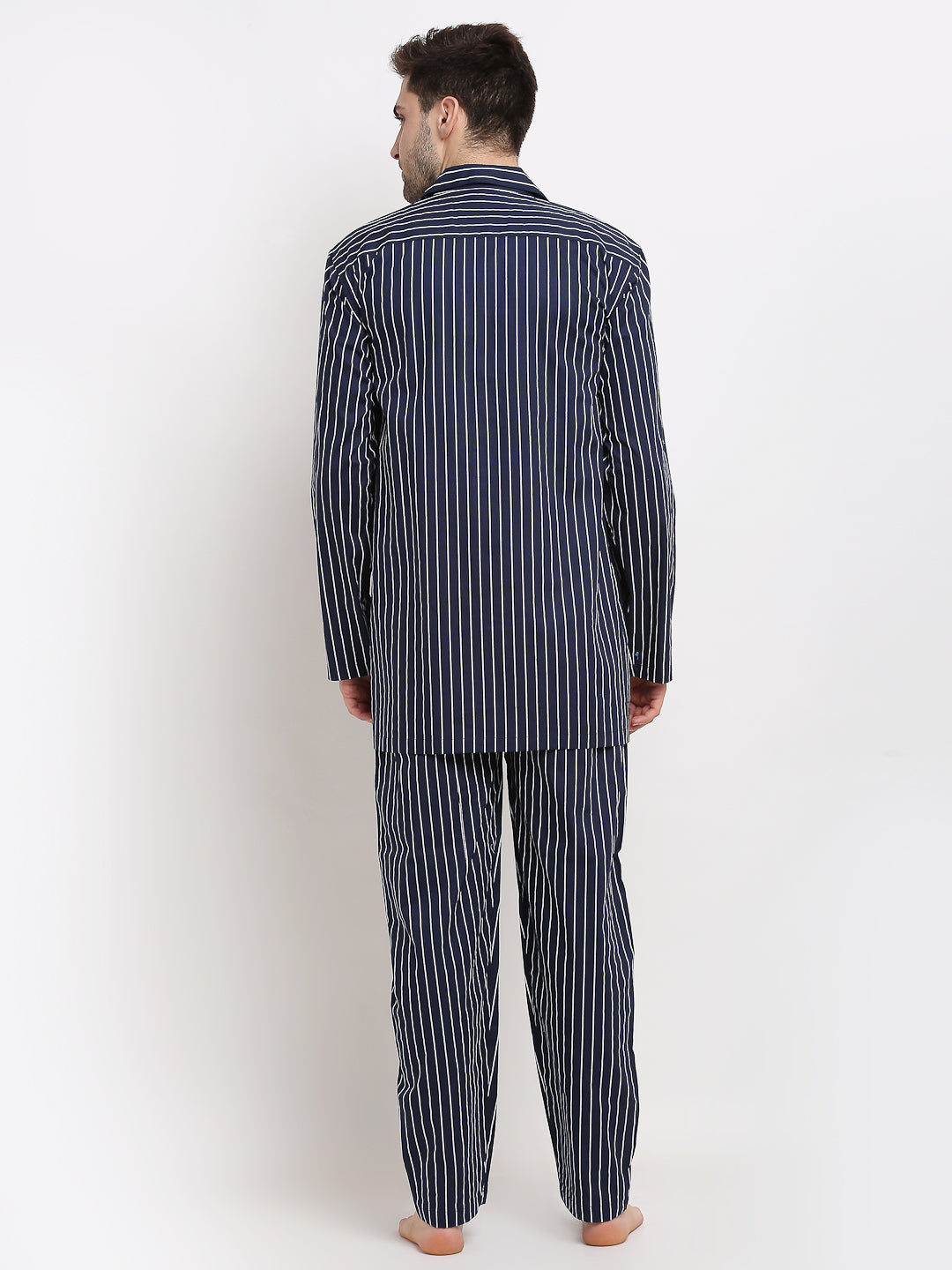 Indian Needle Men's Navy Cotton Striped Night Suits ( GNS 002Navy )