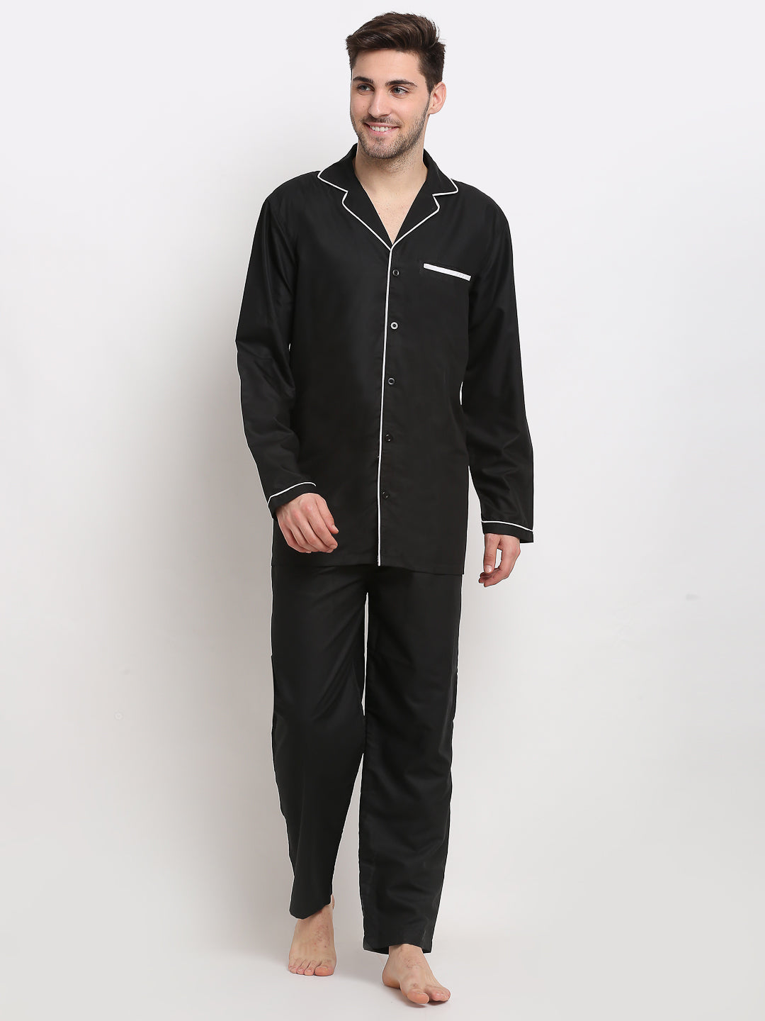 Indian Needle Men's Black Cotton Solid Night Suits ( GNS 003Black )