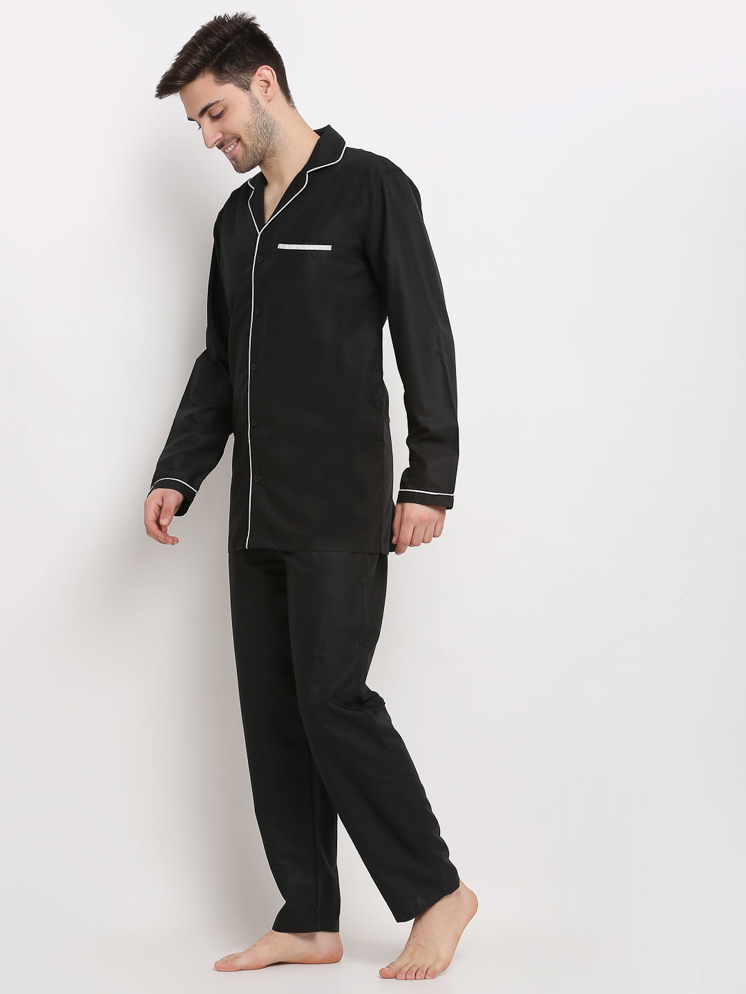 Indian Needle Men's Black Cotton Solid Night Suits ( GNS 003Black )