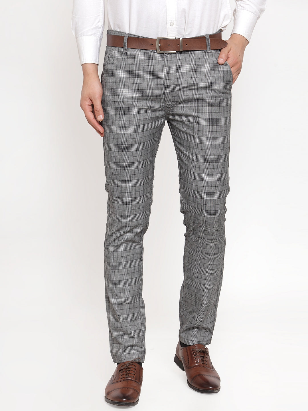 Indian Needle Men's Grey Checked Formal Trousers ( GP 254Light-Grey )