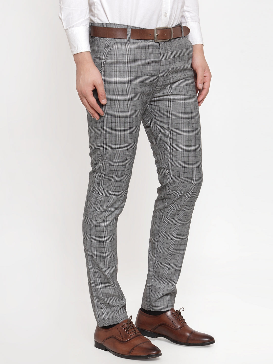Indian Needle Men's Grey Checked Formal Trousers ( GP 254Light-Grey )