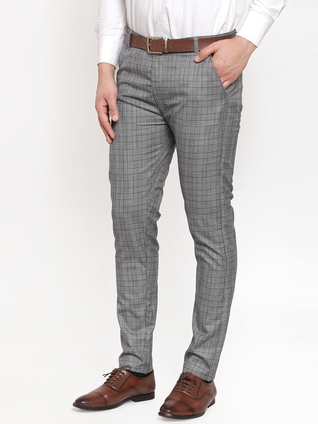 Indian Needle Men's Grey Checked Formal Trousers ( GP 254Light-Grey )