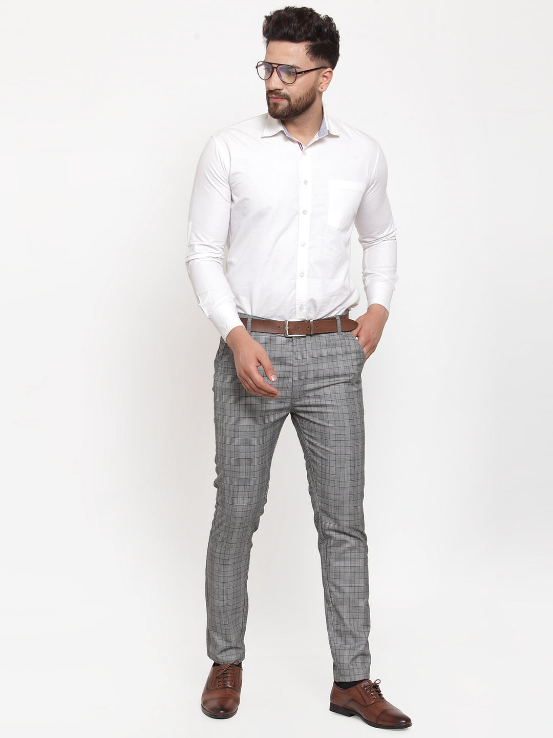 Indian Needle Men's Grey Checked Formal Trousers ( GP 254Light-Grey )