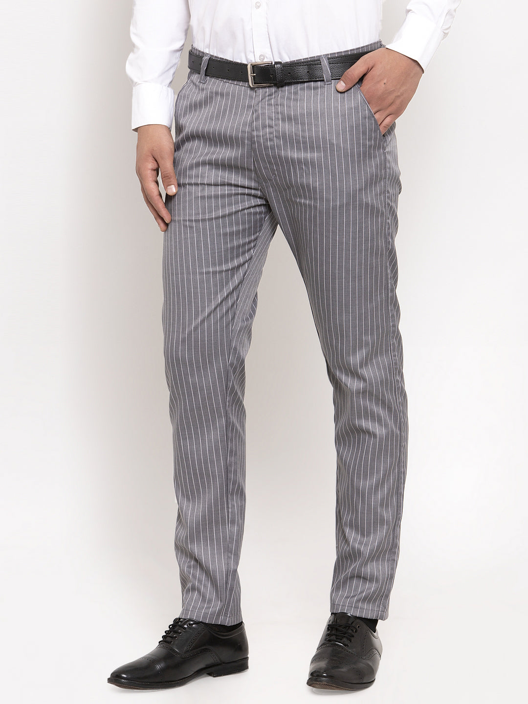 Indian Needle Men's Grey Cotton Striped Formal Trousers ( FGP 255Grey )
