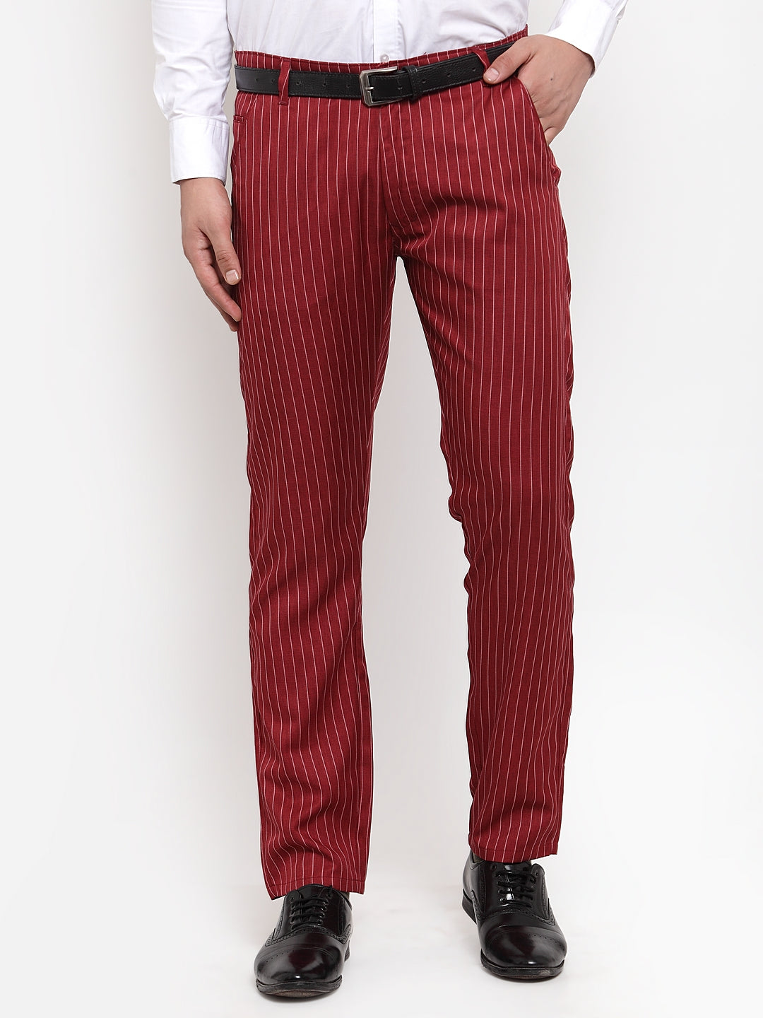 Indian Needle Men's Red Cotton Striped Formal Trousers ( FGP 255Maroon )