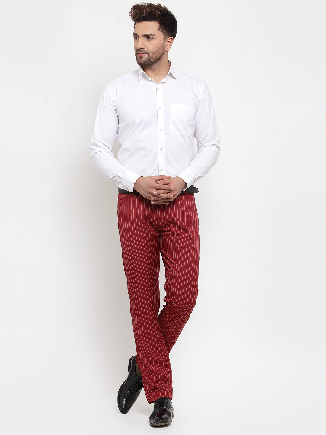 Indian Needle Men's Red Cotton Striped Formal Trousers ( FGP 255Maroon )