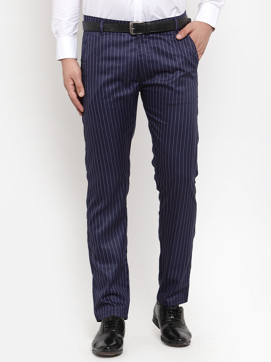 Indian Needle Men's Blue Cotton Striped Formal Trousers ( FGP 255Navy-Blue )