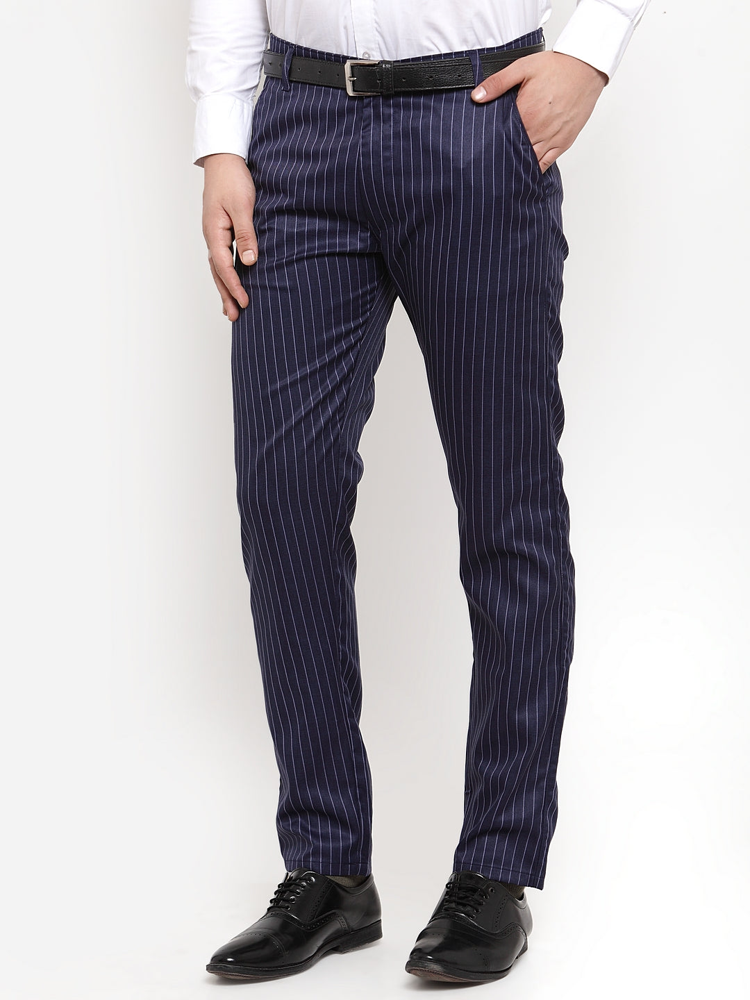 Indian Needle Men's Blue Cotton Striped Formal Trousers ( FGP 255Navy-Blue )