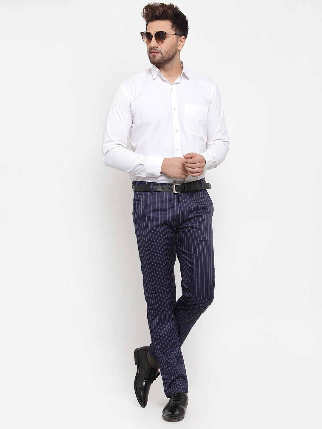 Indian Needle Men's Blue Cotton Striped Formal Trousers ( FGP 255Navy-Blue )