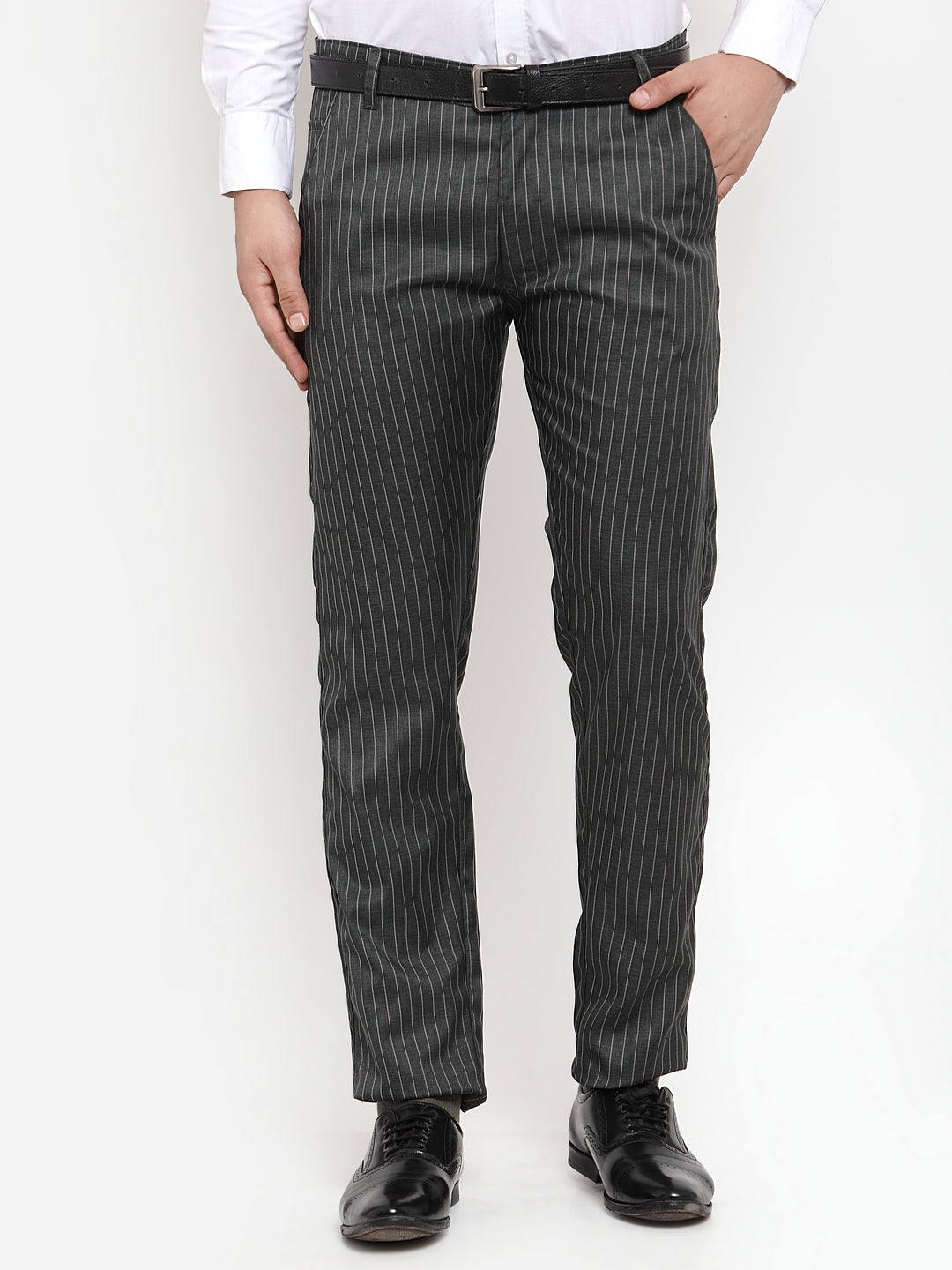 Indian Needle Men's Green Cotton Striped Formal Trousers ( FGP 255Olive )