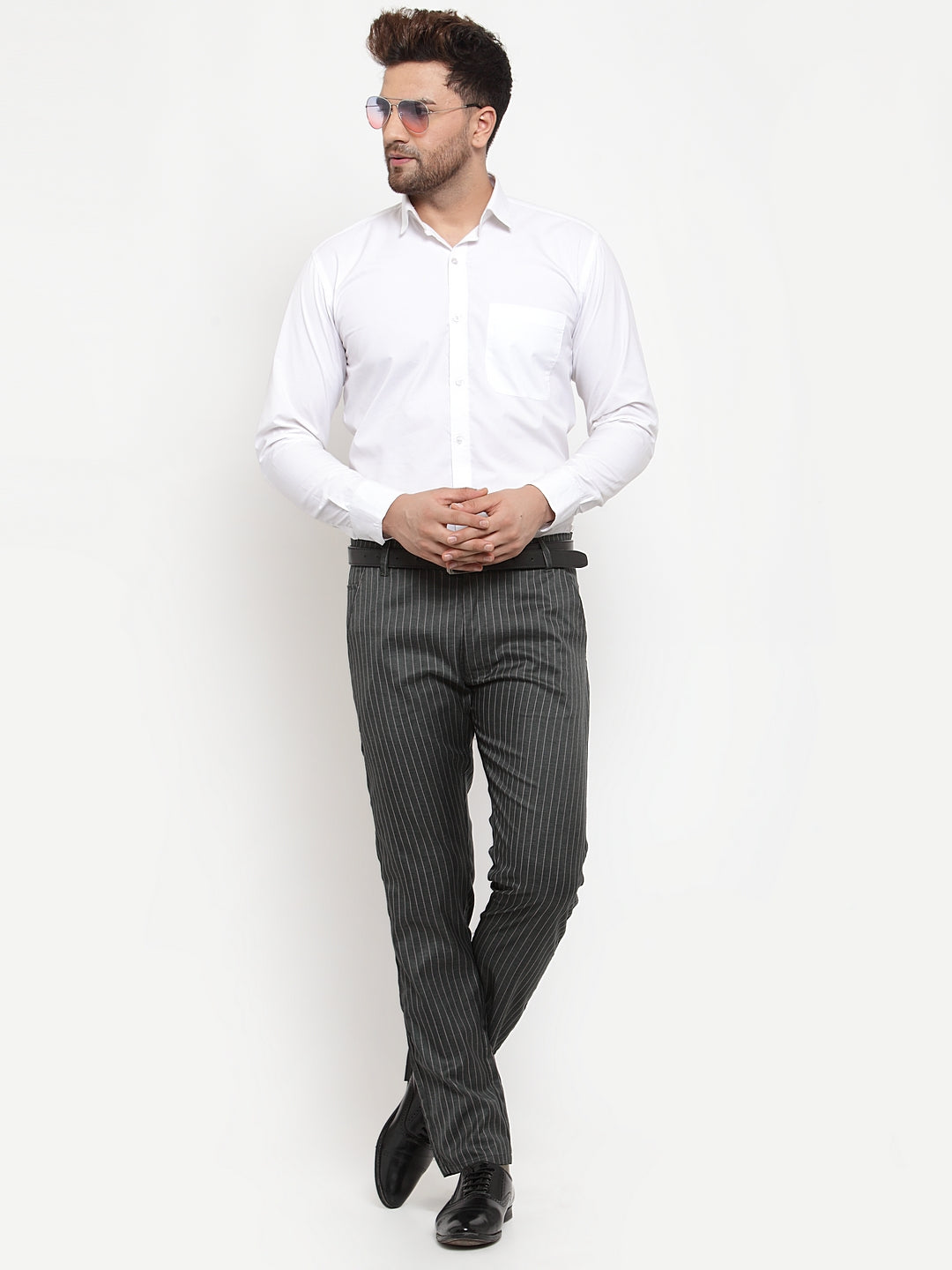 Indian Needle Men's Green Cotton Striped Formal Trousers ( FGP 255Olive )