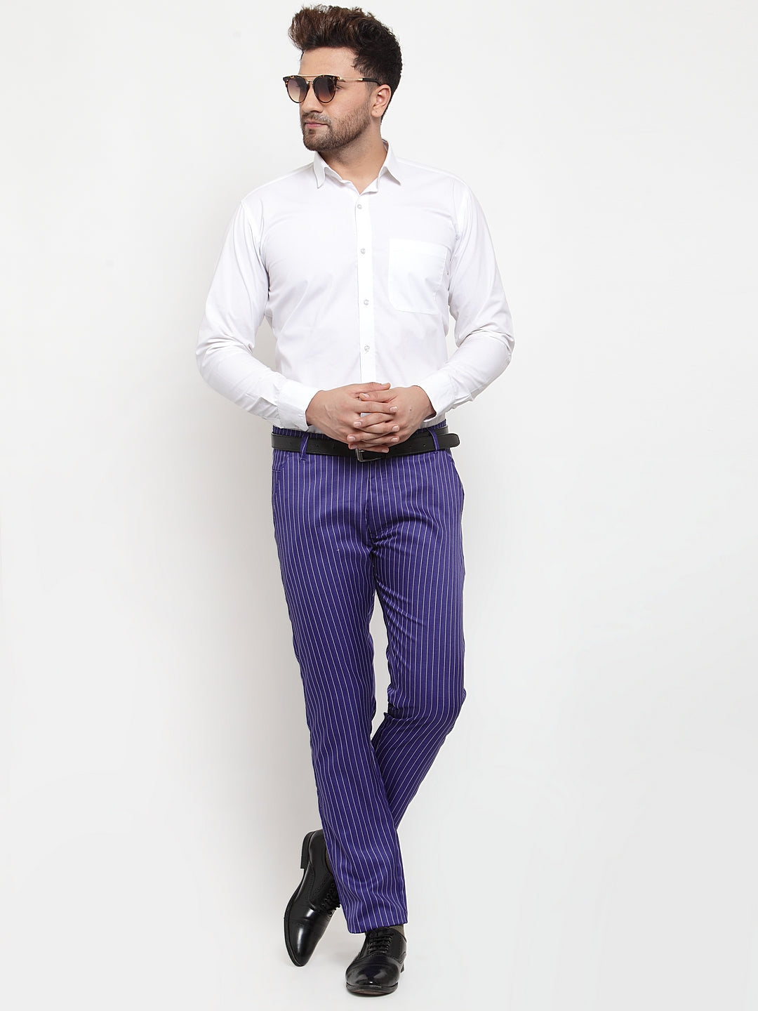 Indian Needle Men's Blue Cotton Striped Formal Trousers ( FGP 255Royal-Blue )