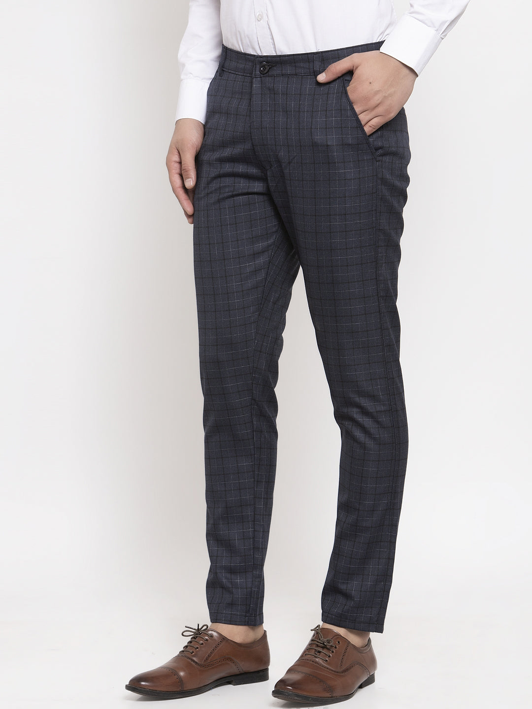 Indian Needle Men's Black Cotton Checked Formal Trousers ( GP 259Black )