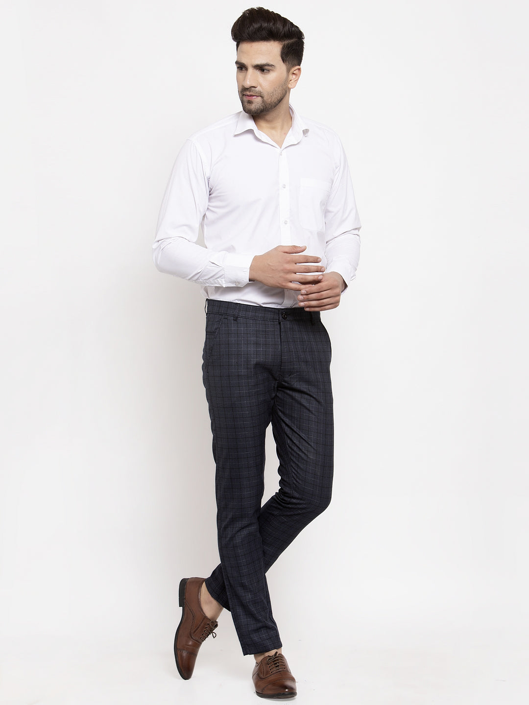 Indian Needle Men's Black Cotton Checked Formal Trousers ( GP 259Black )