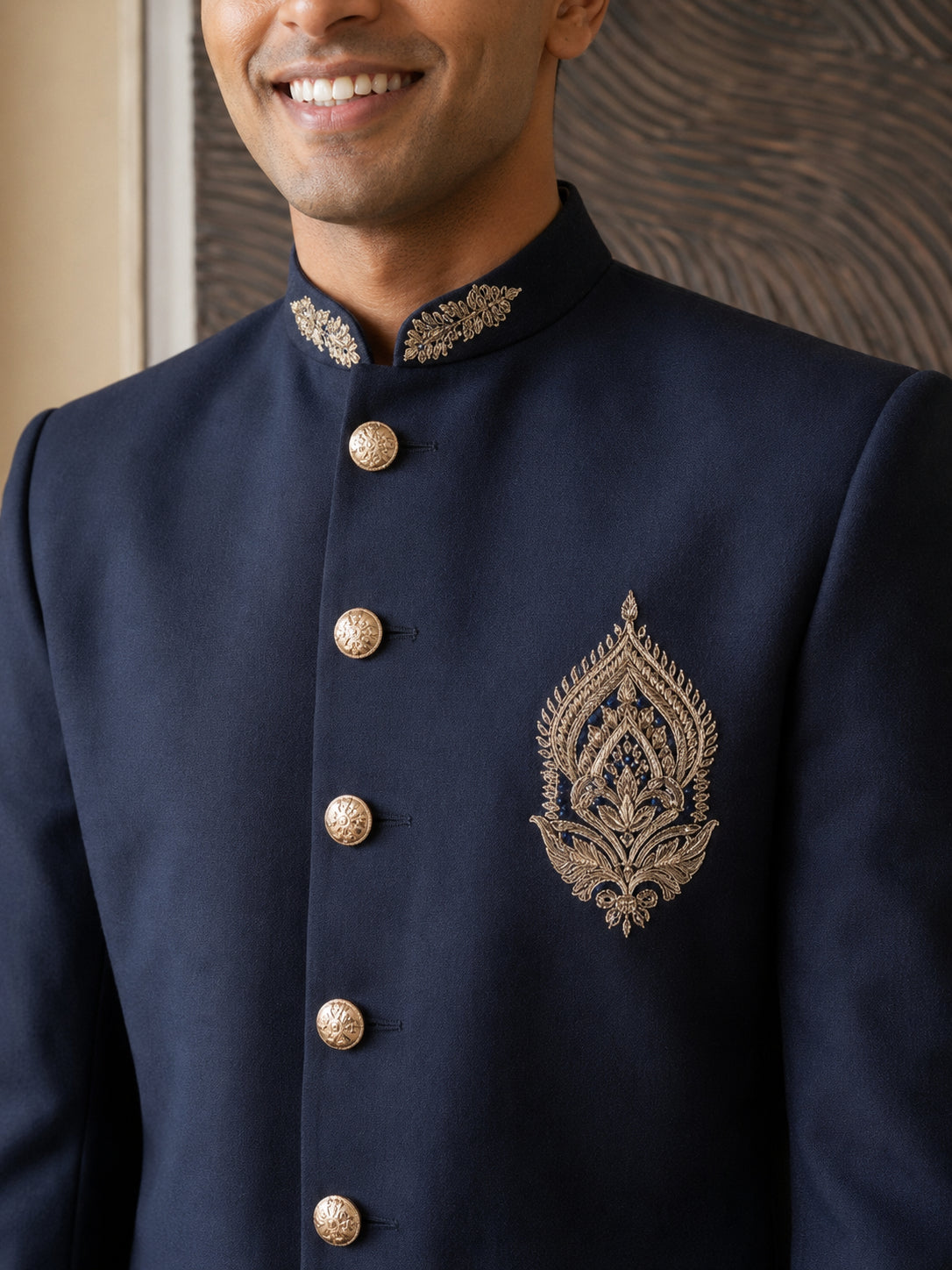 Men's Cotton Blend Indo-Western Set with Zari Work ( HOP-IND 159Navy )