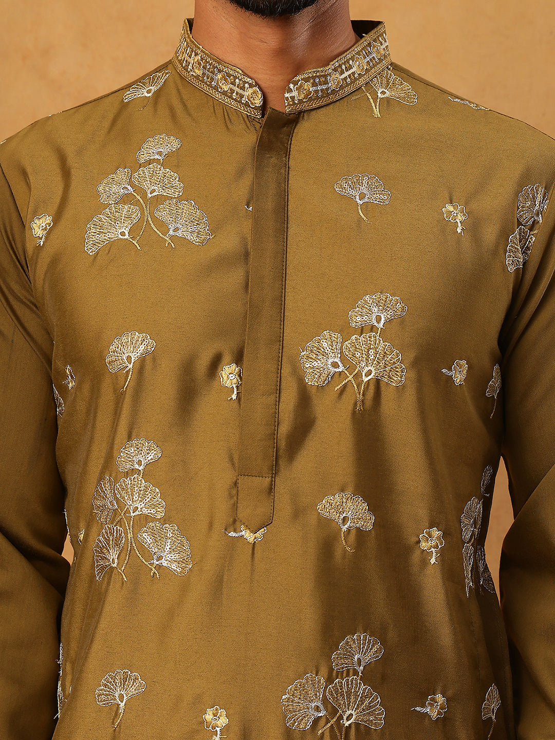 Silk Blend Elegant Thread Work Kurtas ( HOPKO 006Mehndi )