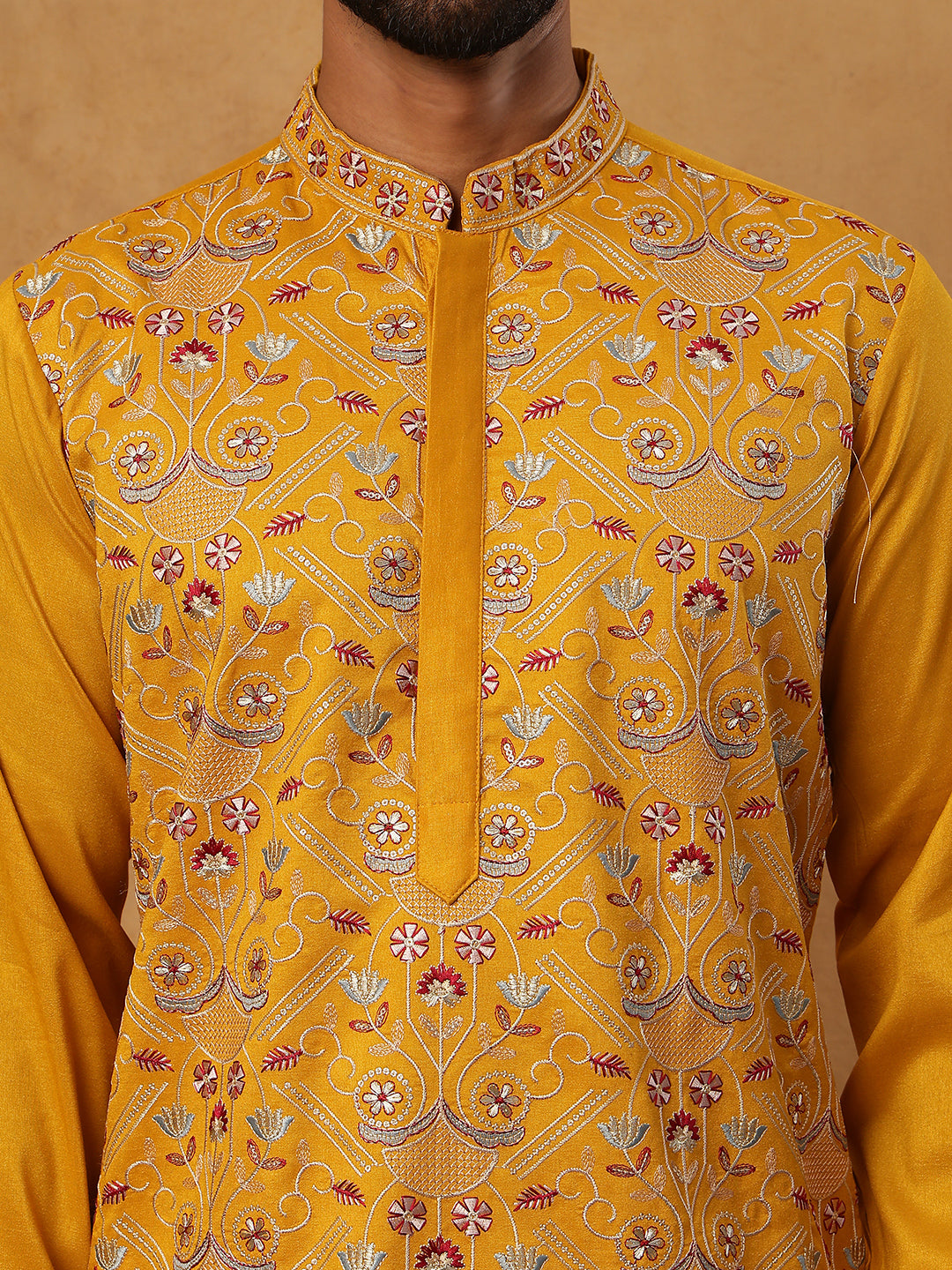 Men Festive Silk Blend Embroidered Kurta ( HOPKO 022Mustard )