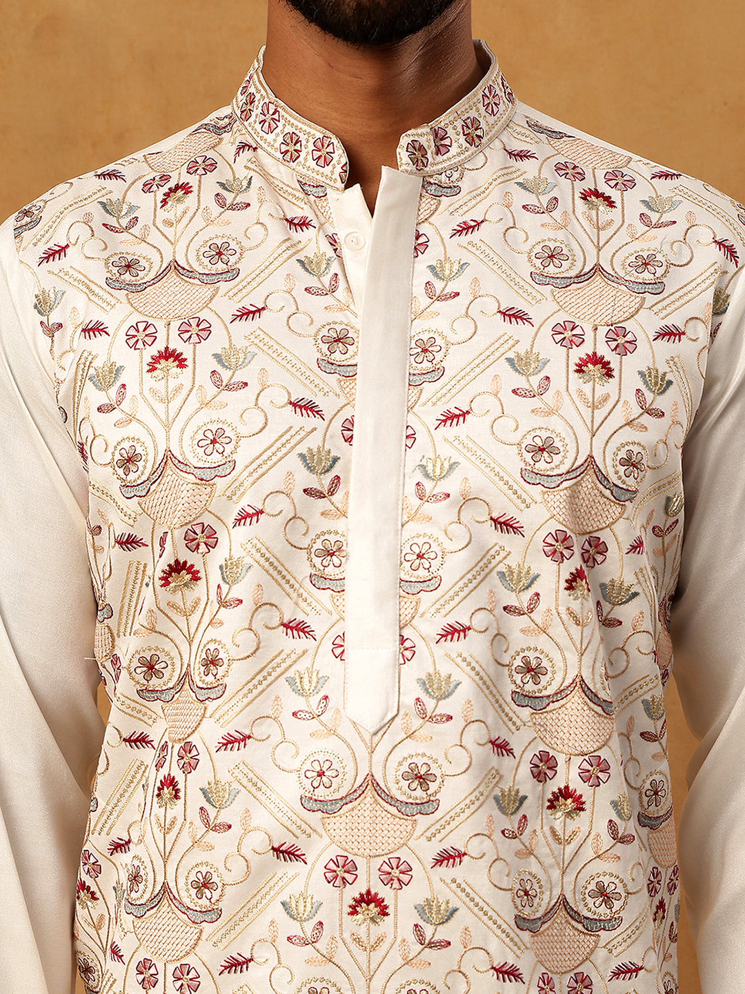 Men Festive Silk Blend Embroidered Kurta ( HOPKO 022White )