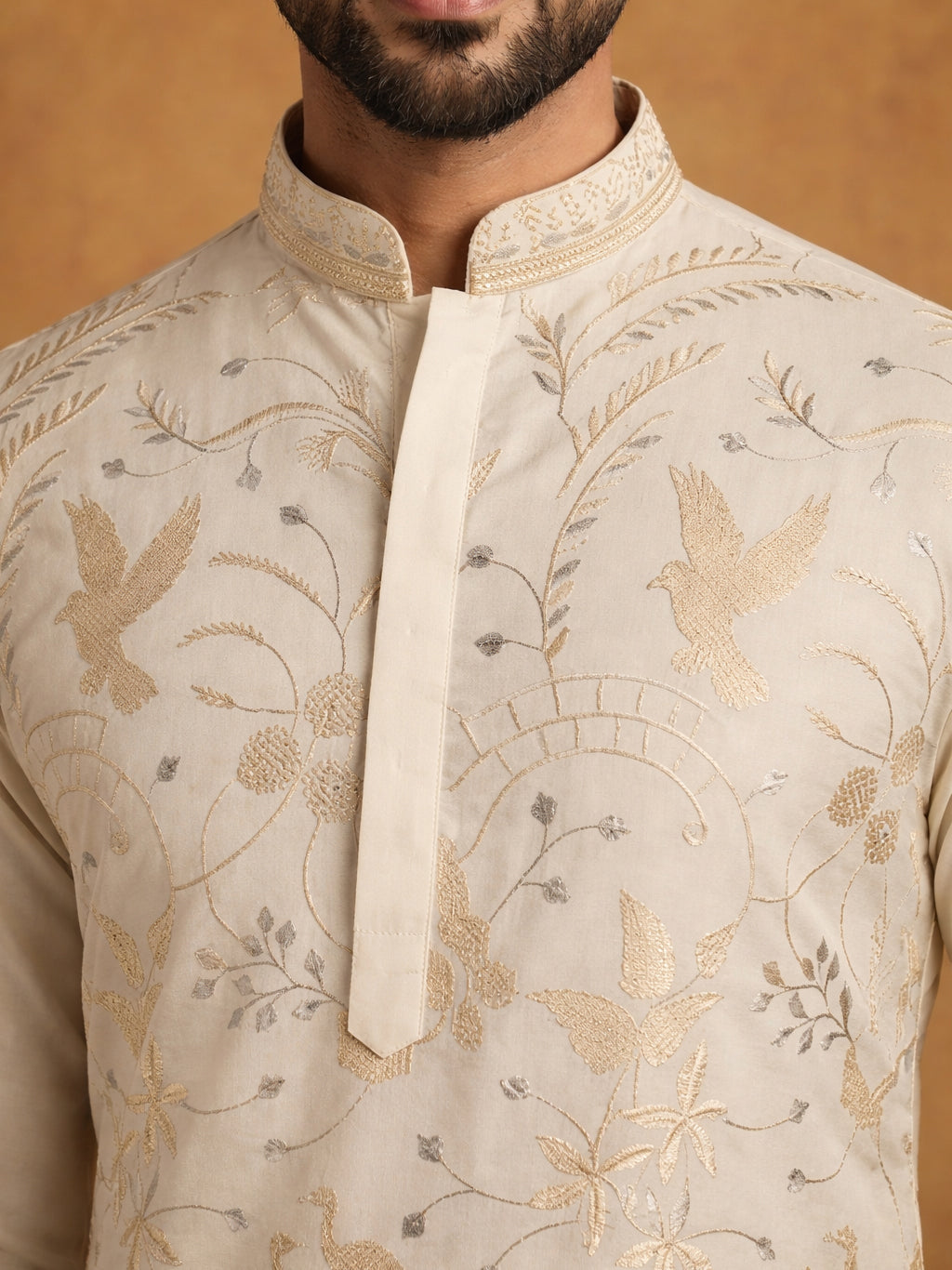 Men's Cream Embroidered Kurta ( HOPKO 025Cream )
