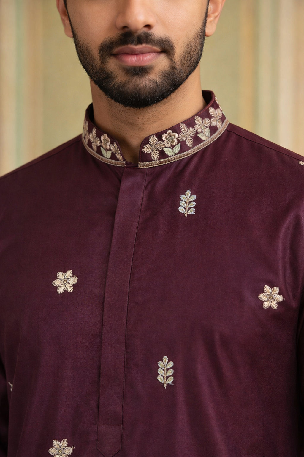 Men Embroidered Silk Blend Kurta ( HOPKO 026Maroon )