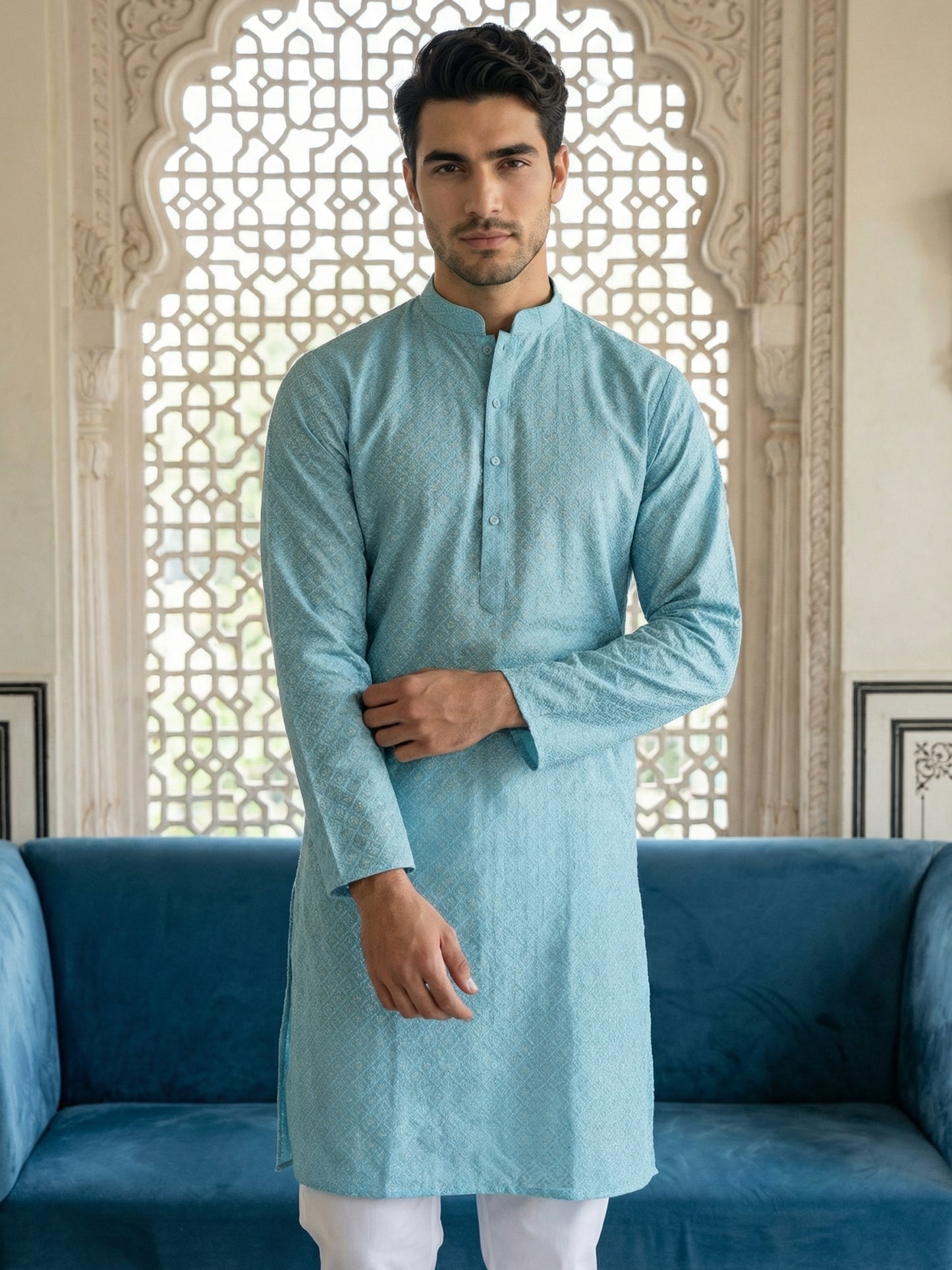 Foil Printed Cotton Blend Kurta ( HOPKO 035Sky )