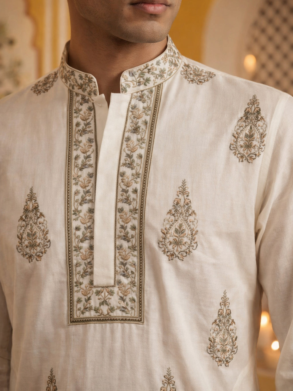 Men’s Silk Blend Embroidered Kurta ( HOPKO 036White )