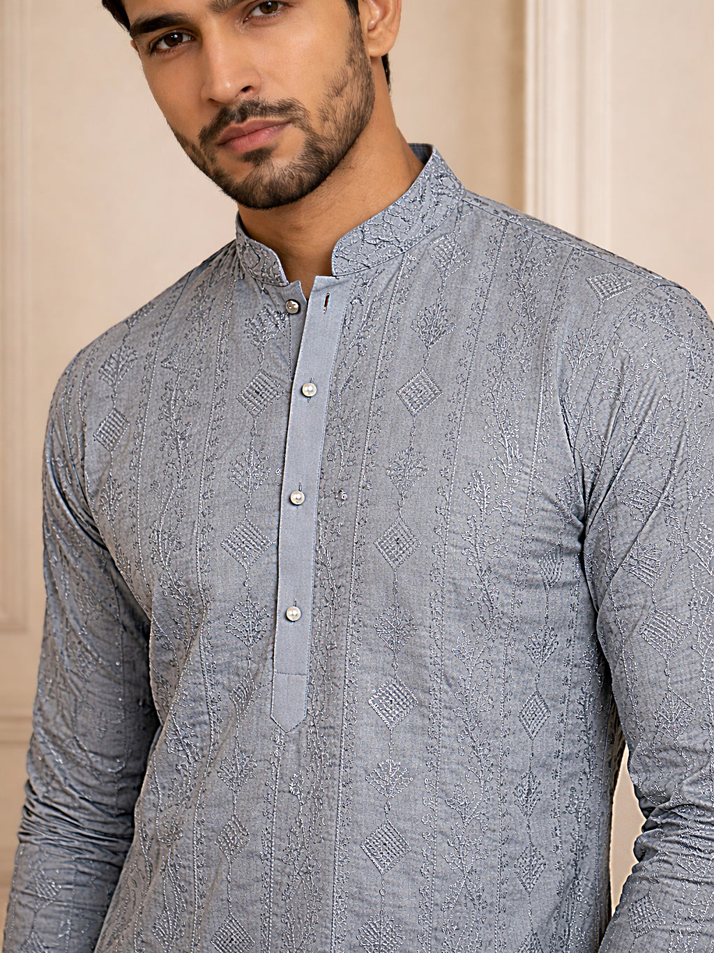 Men's Traditional Embroidered Kurta ( HOPKO 044Grey )