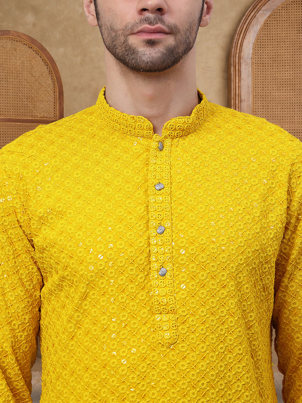 Embroidered & Sequins Cotton Kurta ( HOPKO 678Yellow )