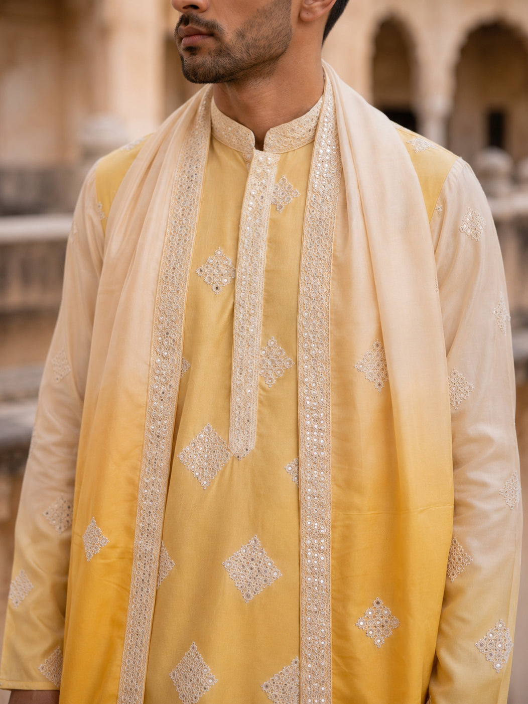 Embroidered Silk Blend Kurta with Dupatta ( HOPKO D 023Yellow )
