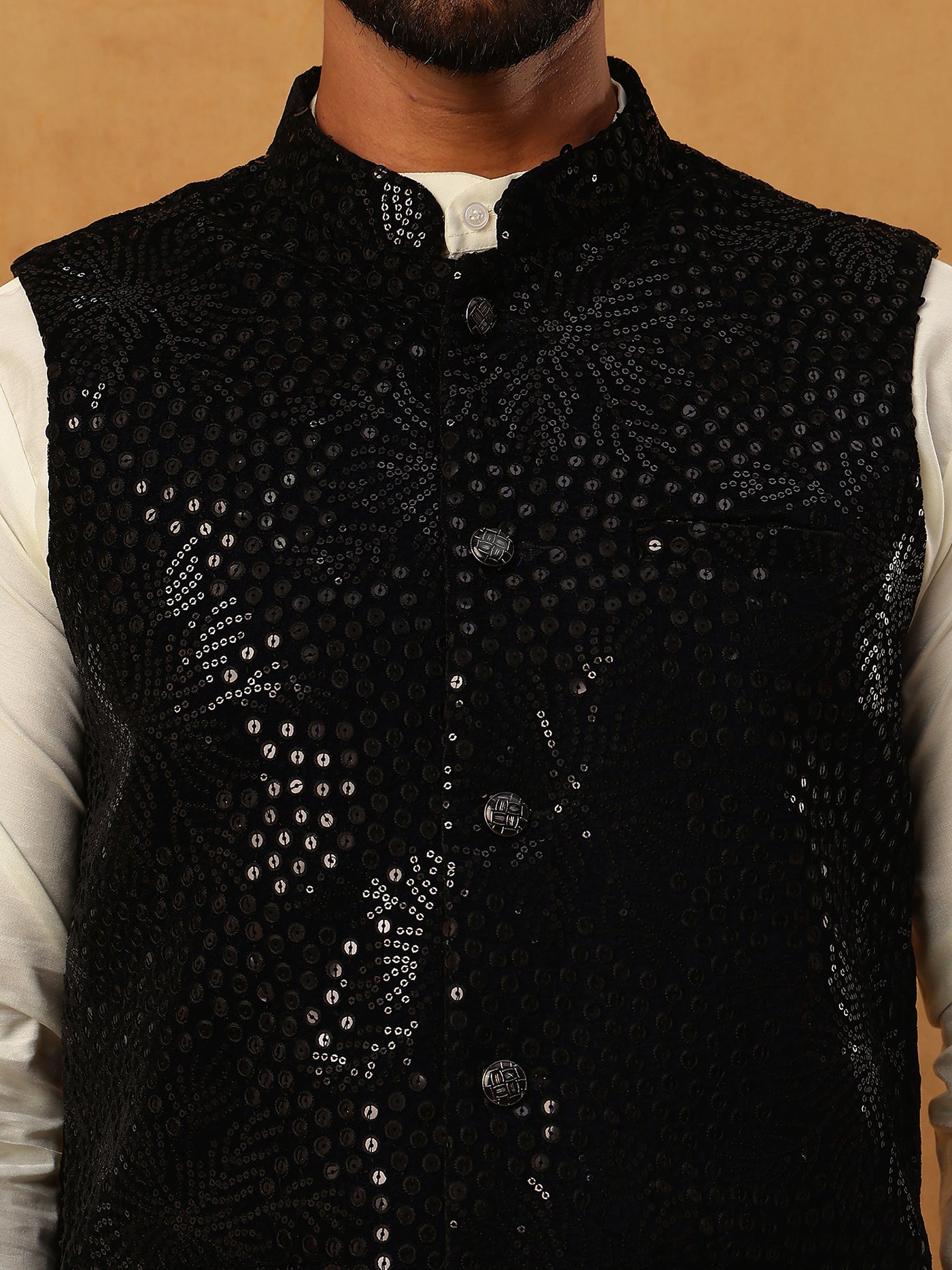 Velvet Sequin Work Nehru Jacket ( HOPWC 7027Black )