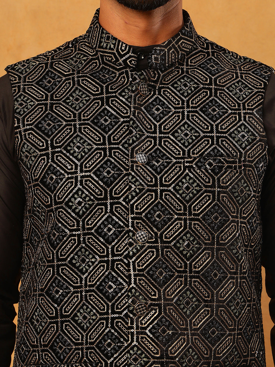 Velvet Sequin Work Nehru Jacket ( HOPWC 7029Black )