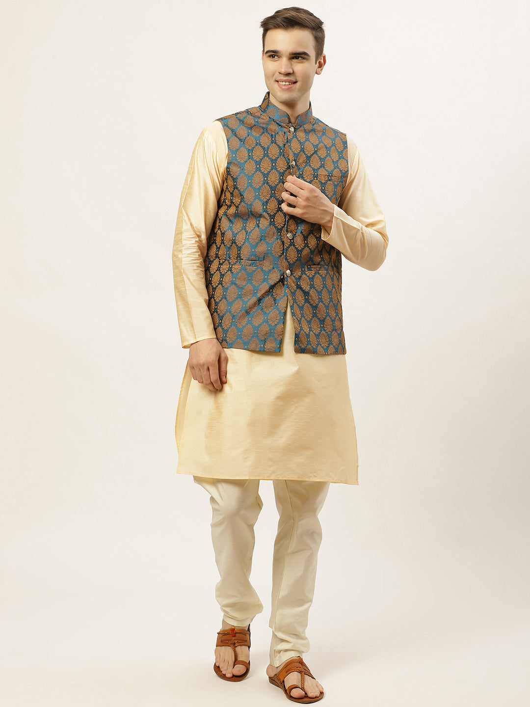 Jompers Men's Golden Dupion Silk Kurta with Churidar & Nehru Jacket ( JOKPWC G-D 4026Blue )