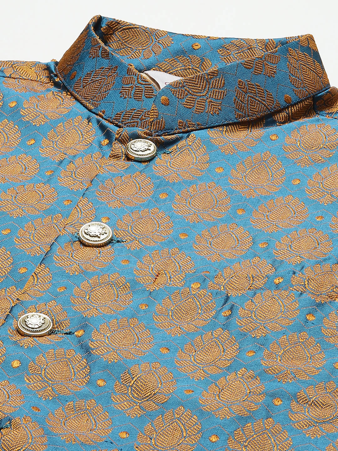 Jompers Men's Golden Dupion Silk Kurta with Churidar & Nehru Jacket ( JOKPWC G-D 4026Blue )