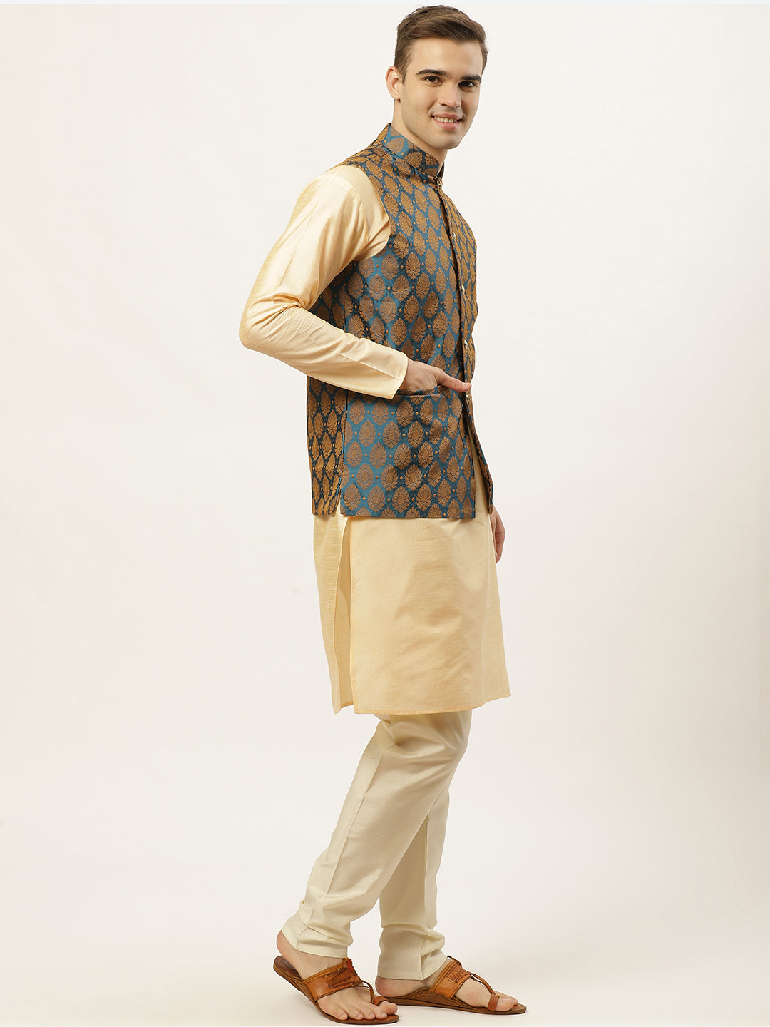 Jompers Men's Golden Dupion Silk Kurta with Churidar & Nehru Jacket ( JOKPWC G-D 4026Blue )