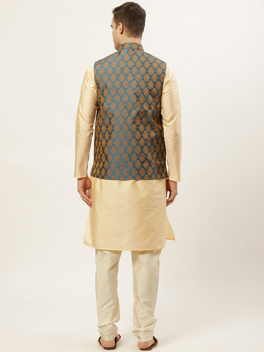 Jompers Men's Golden Dupion Silk Kurta with Churidar & Nehru Jacket ( JOKPWC G-D 4026Blue )