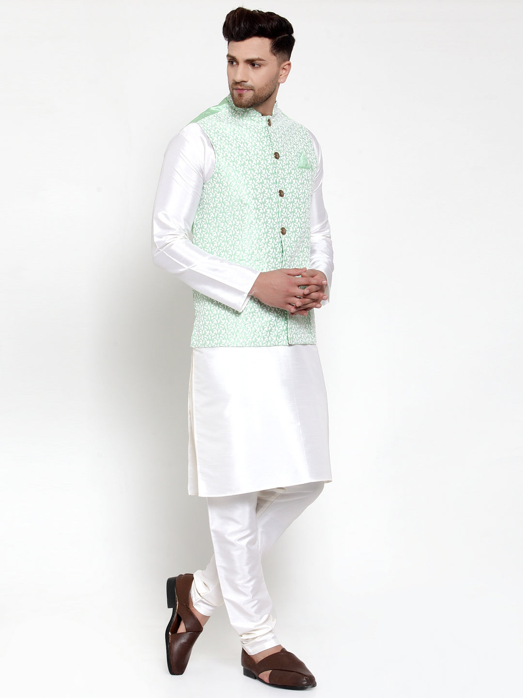 Jompers Men's Solid Dupion Kurta Pajama with Embroidered Nehru Jacket ( JOKPWC OW-D 4012Light-Green )