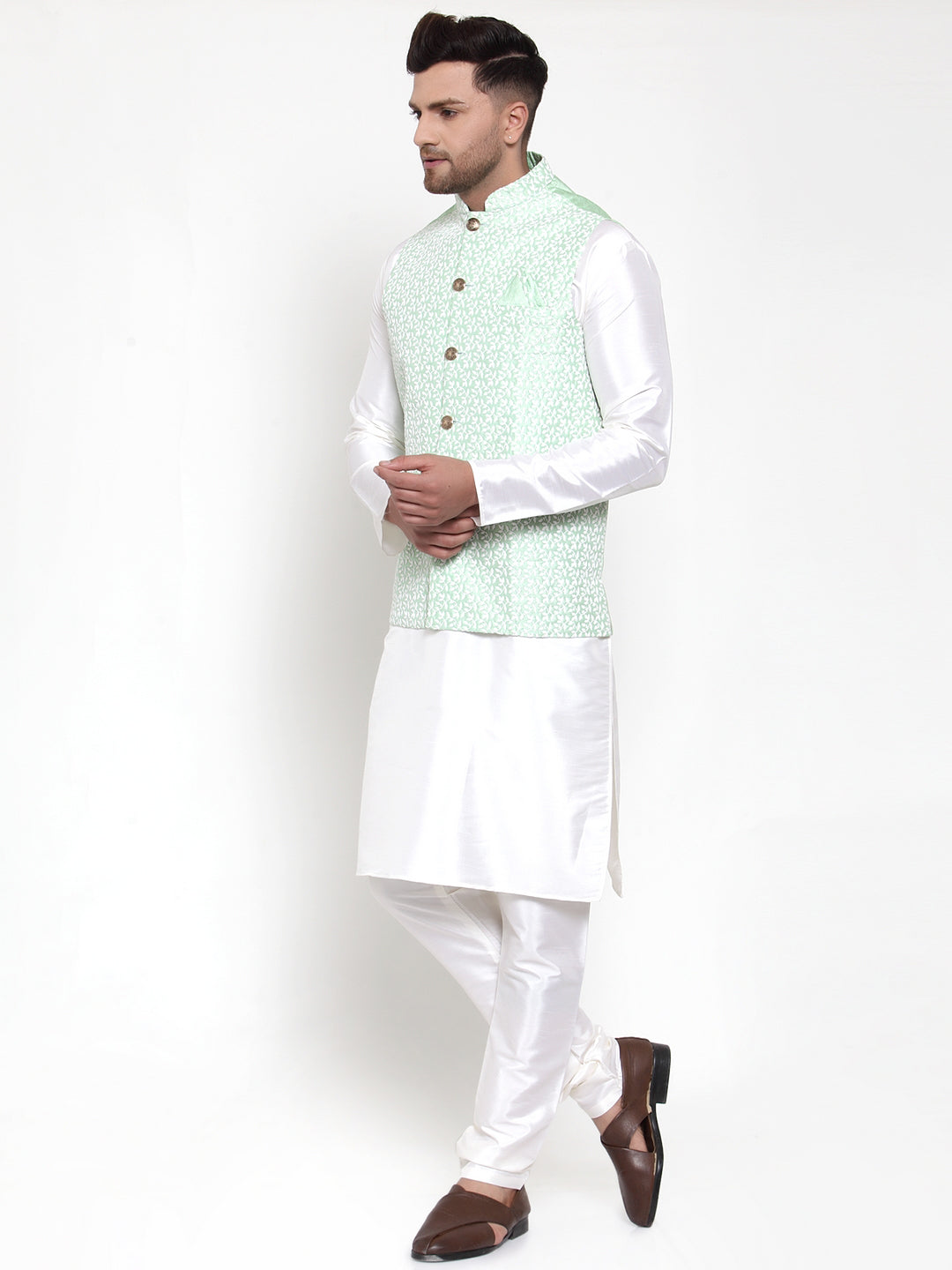 Jompers Men's Solid Dupion Kurta Pajama with Embroidered Nehru Jacket ( JOKPWC OW-D 4012Light-Green )