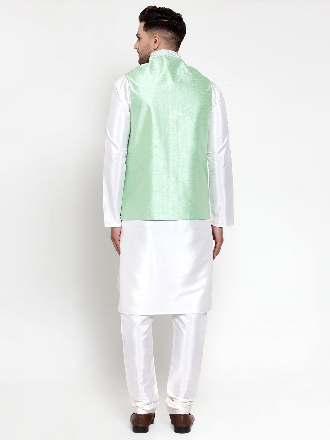 Jompers Men's Solid Dupion Kurta Pajama with Embroidered Nehru Jacket ( JOKPWC OW-D 4012Light-Green )