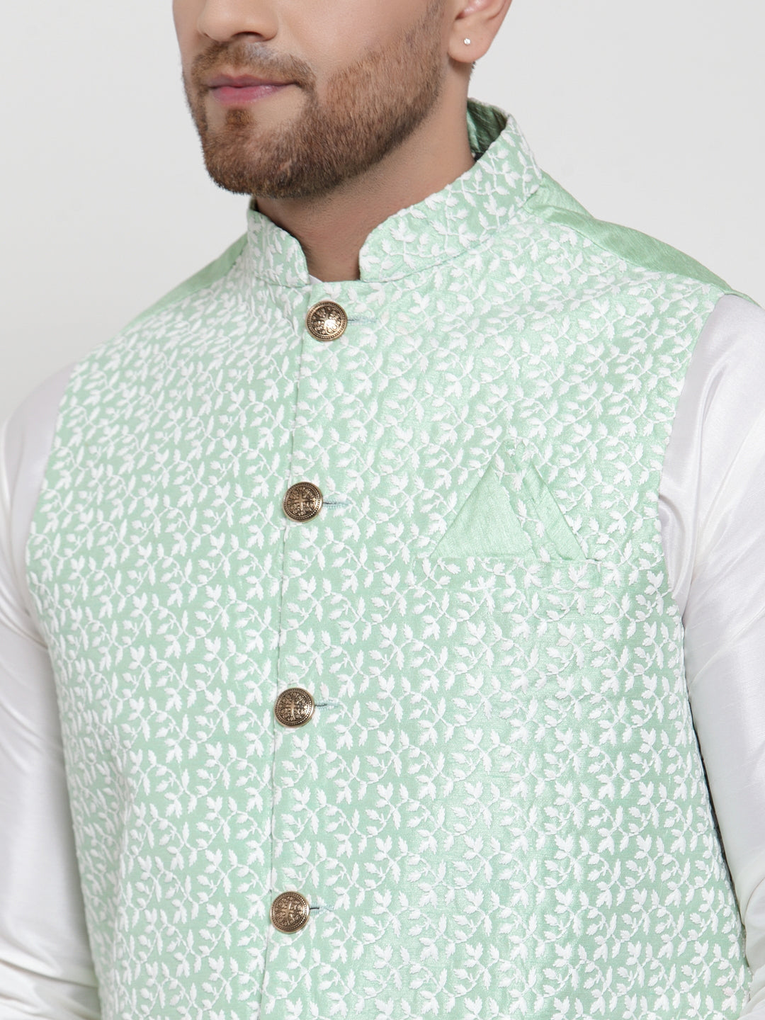 Jompers Men's Solid Dupion Kurta Pajama with Embroidered Nehru Jacket ( JOKPWC OW-D 4012Light-Green )